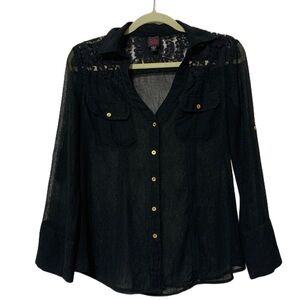 2B Bebe Semi Sheer Lace Panel Long Sleeve Button Down Shirt